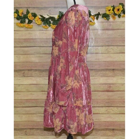FATE Tiered Floral Dress Pink Long Sleeve Velvet Burnout Lined Ladies S V-Neck - Picture 6 of 12
